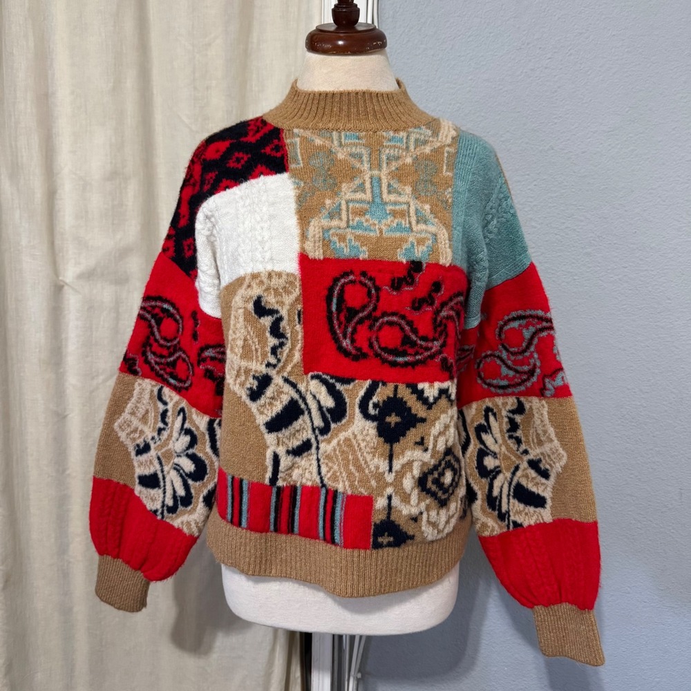 Anthropologie Patchwork Knit Paisley Mock Neck Sweater Red Camel Womens S Boho